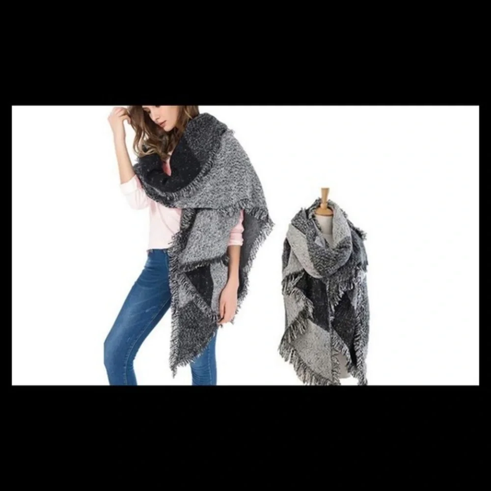 Women's Oversized Soft Warm Wool Blend Plaid Color Block Scarf Wrap